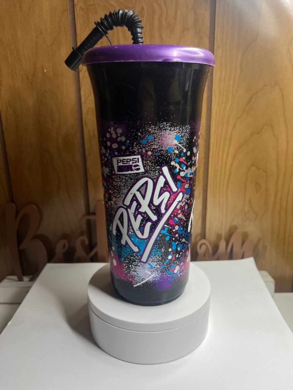 Vintage 90s Pepsi Plastic Travel Cup Tumbler Purple Lid Black Accordion Straw Sp